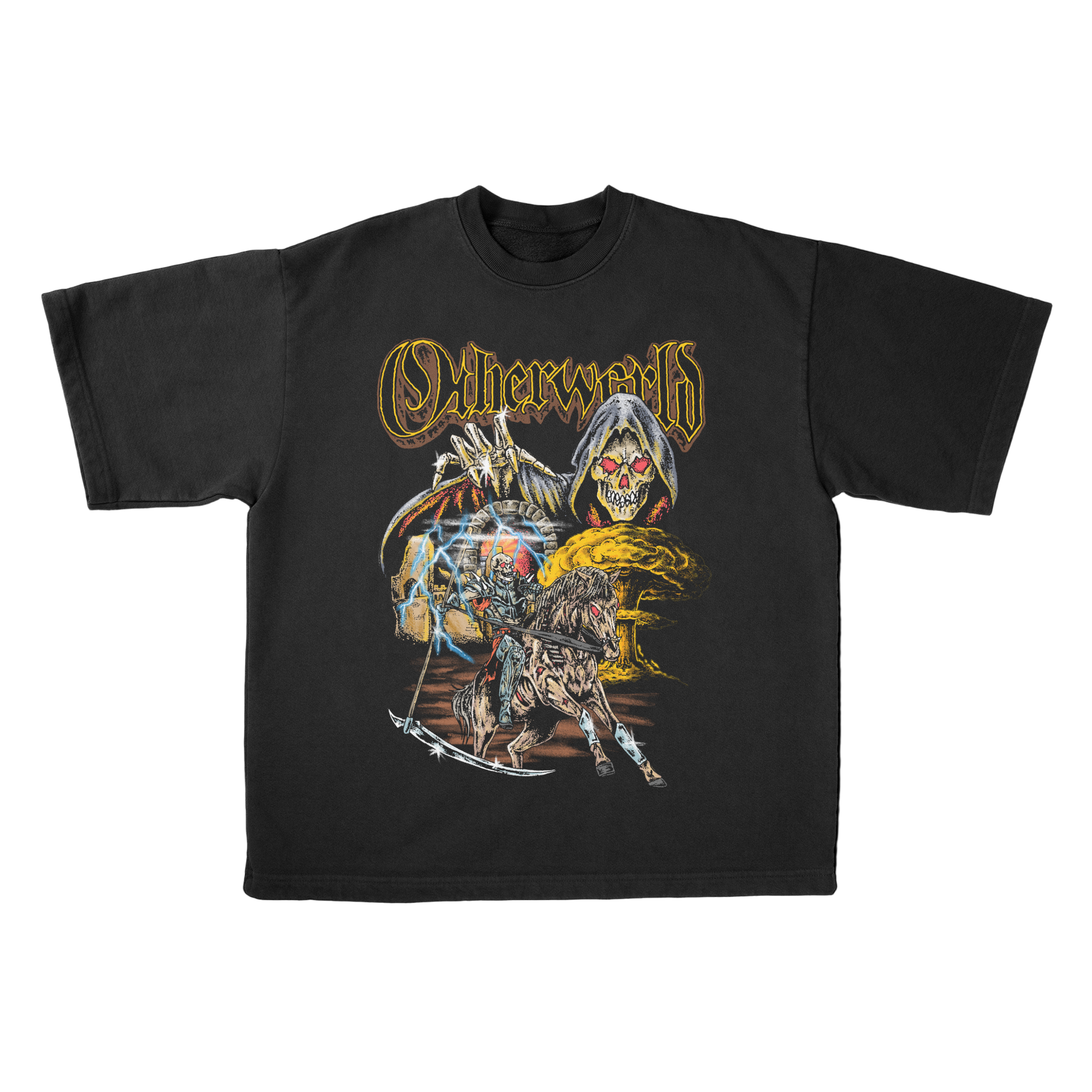 Black t-shirt with a graphic design featuring a skeleton and text on a black background