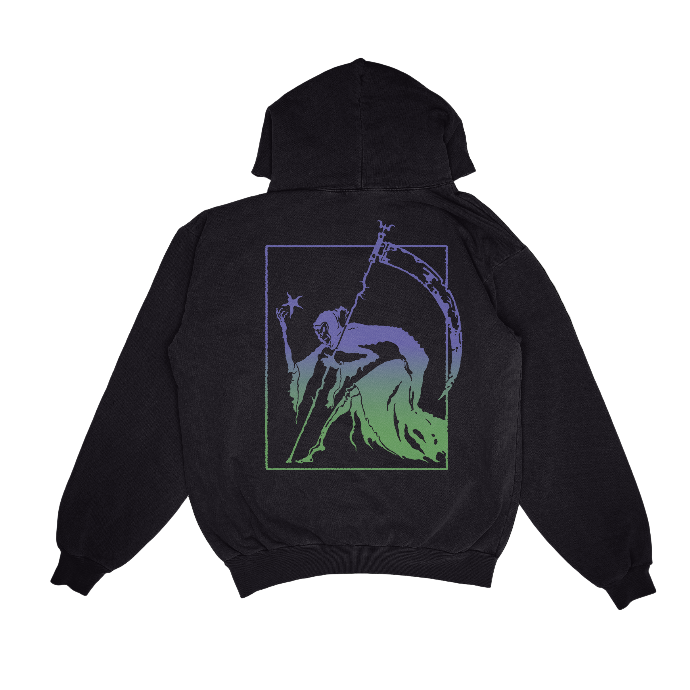 Black hoodie with a graphic design on the back against a black background
