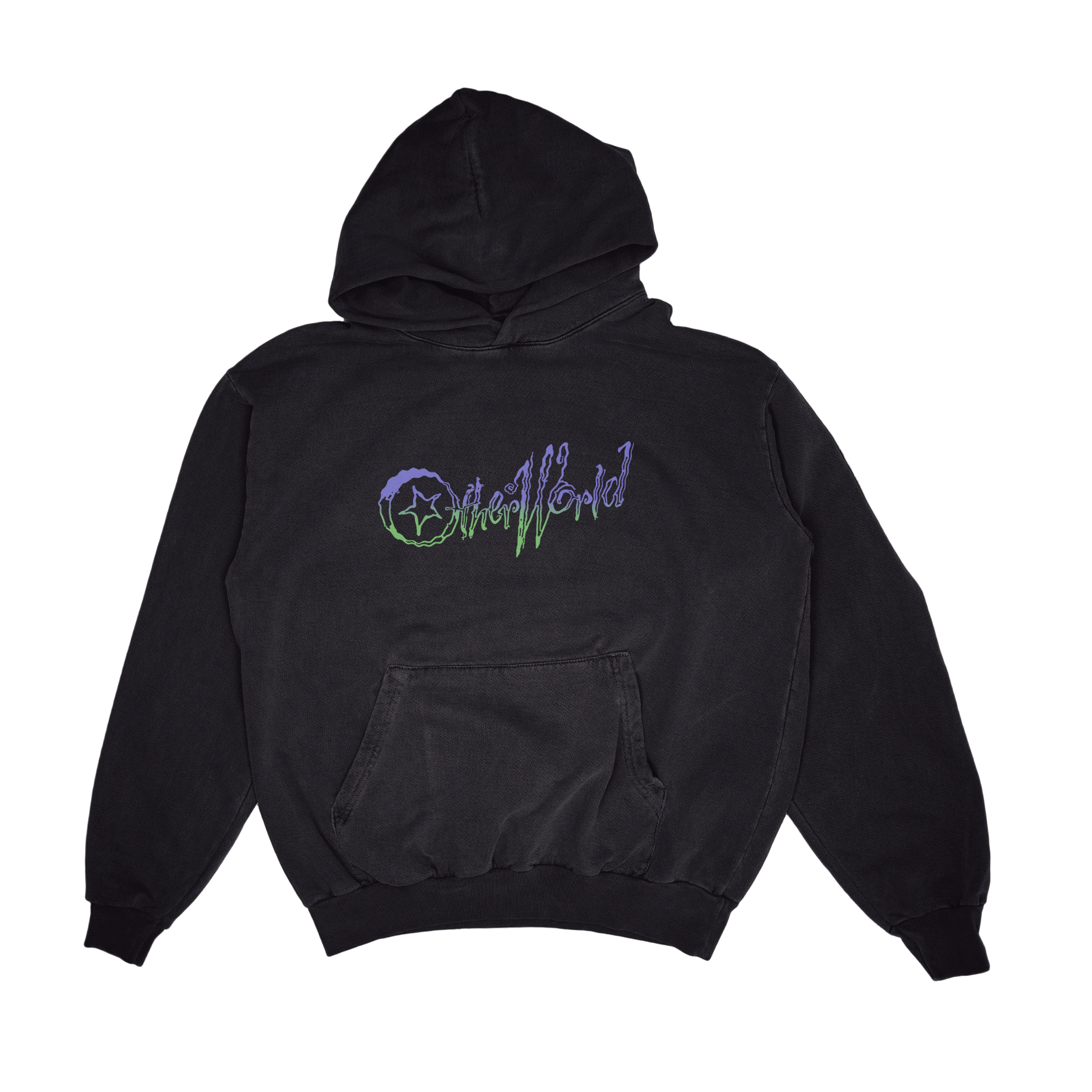 Black hoodie with 'OtherWorld' logo on the back against a black background