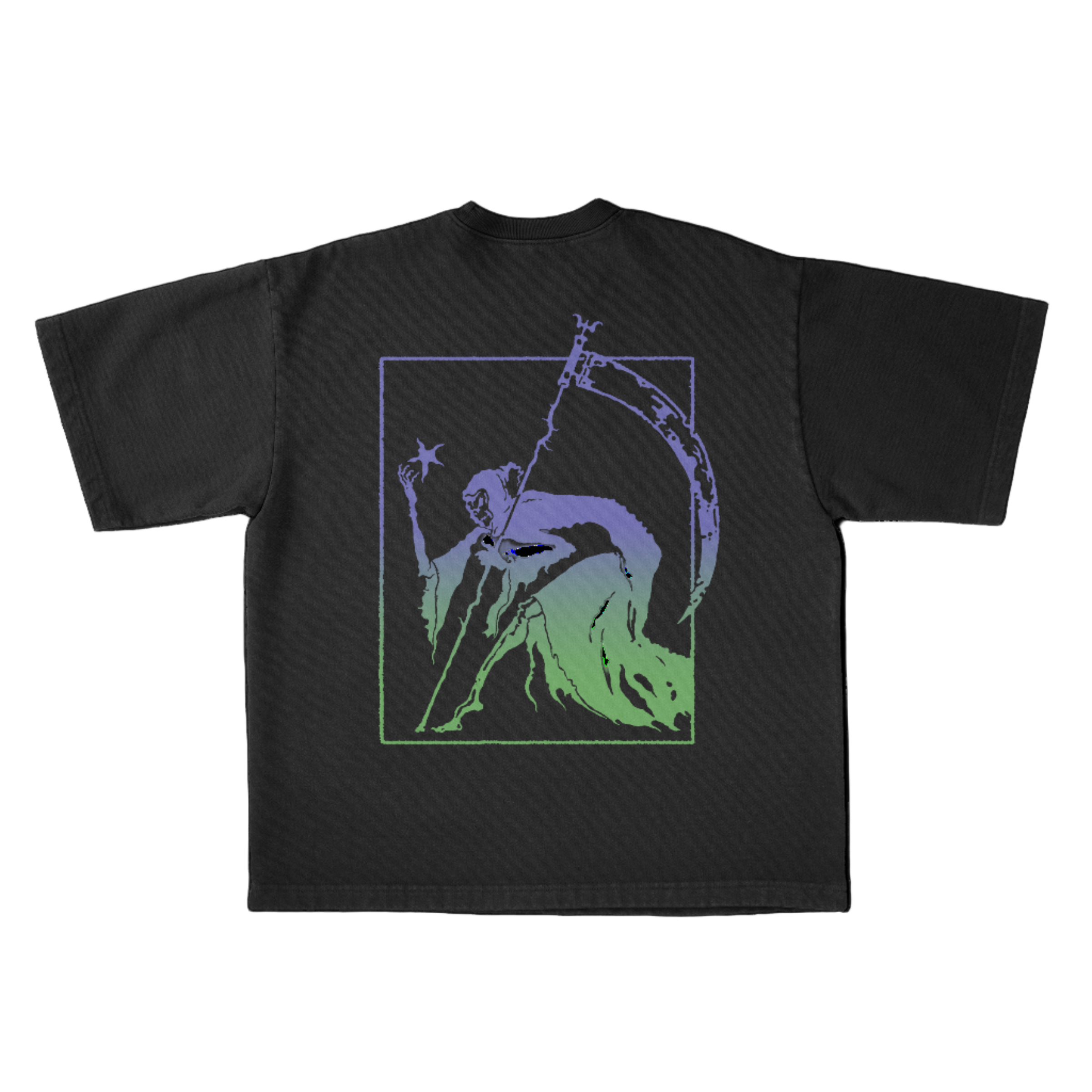 Black t-shirt with a graphic design of a person climbing a mountain with a star on a black background