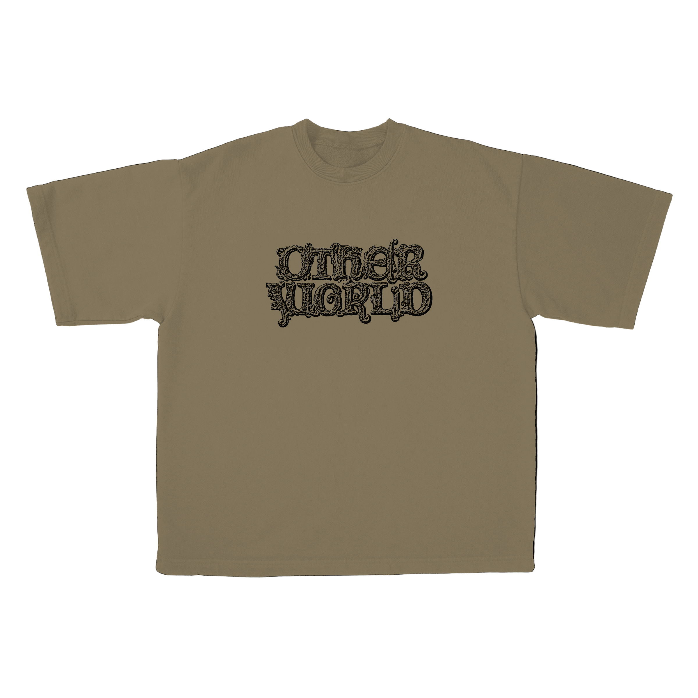 Beige t-shirt with 'Other World' text design on a black background