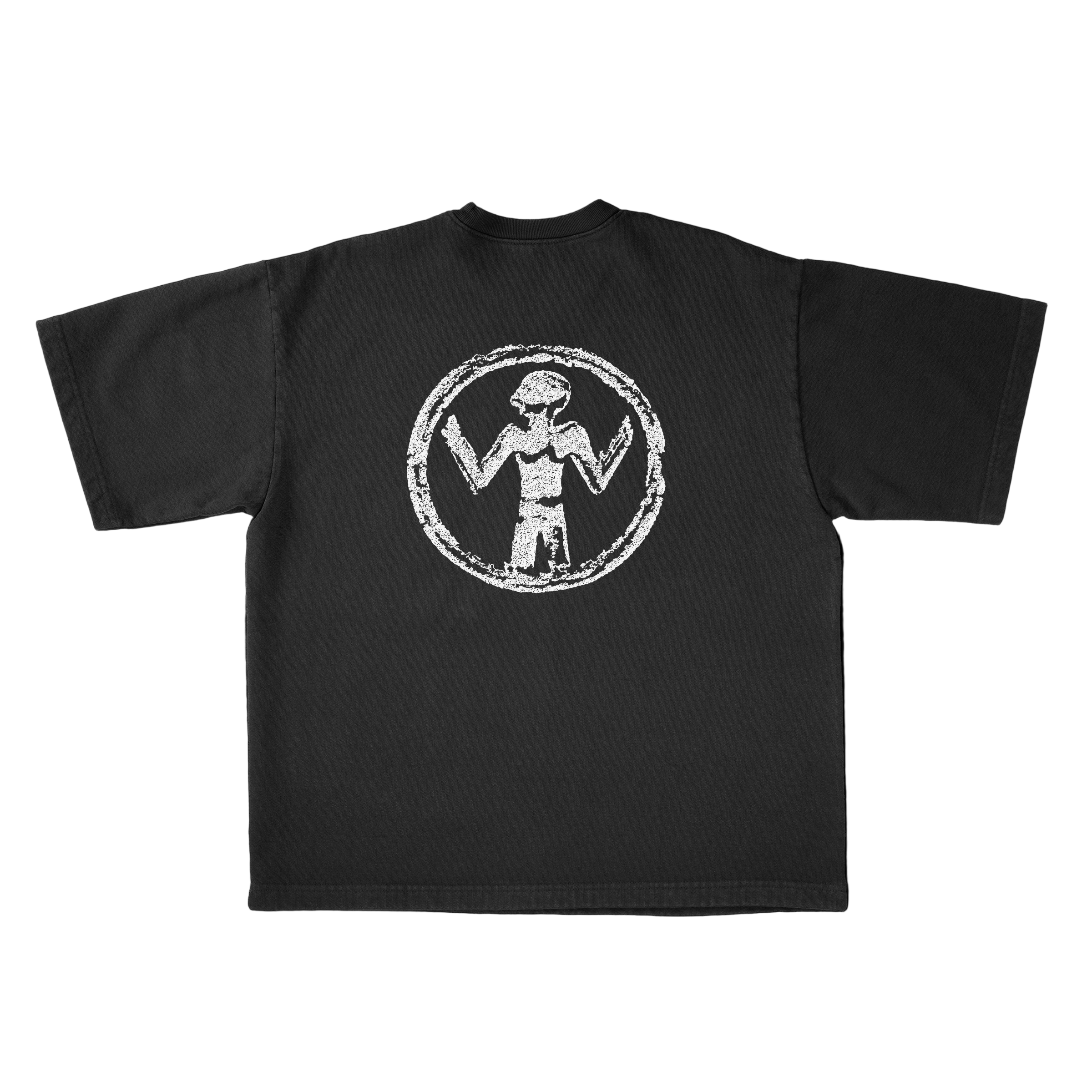 Black t-shirt with a white graphic design on a black background